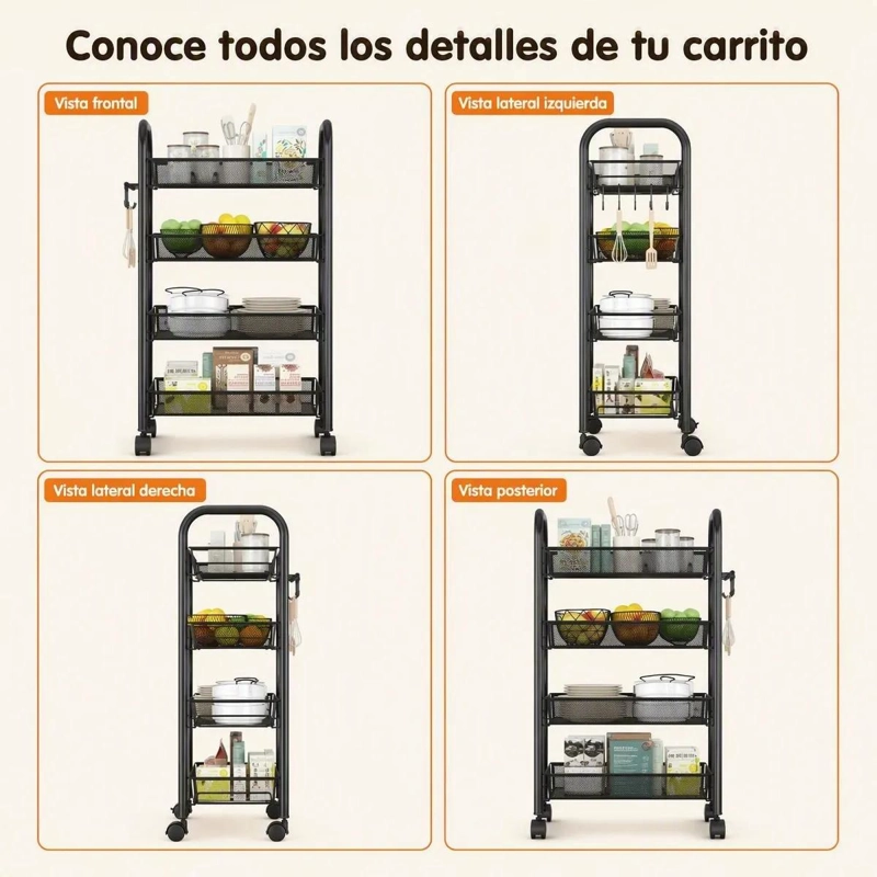 CARRO ORGANIZADOR METALICO DE 4 NIVELES CON RUEDAS PARA ALMACENAMIENTO - 4