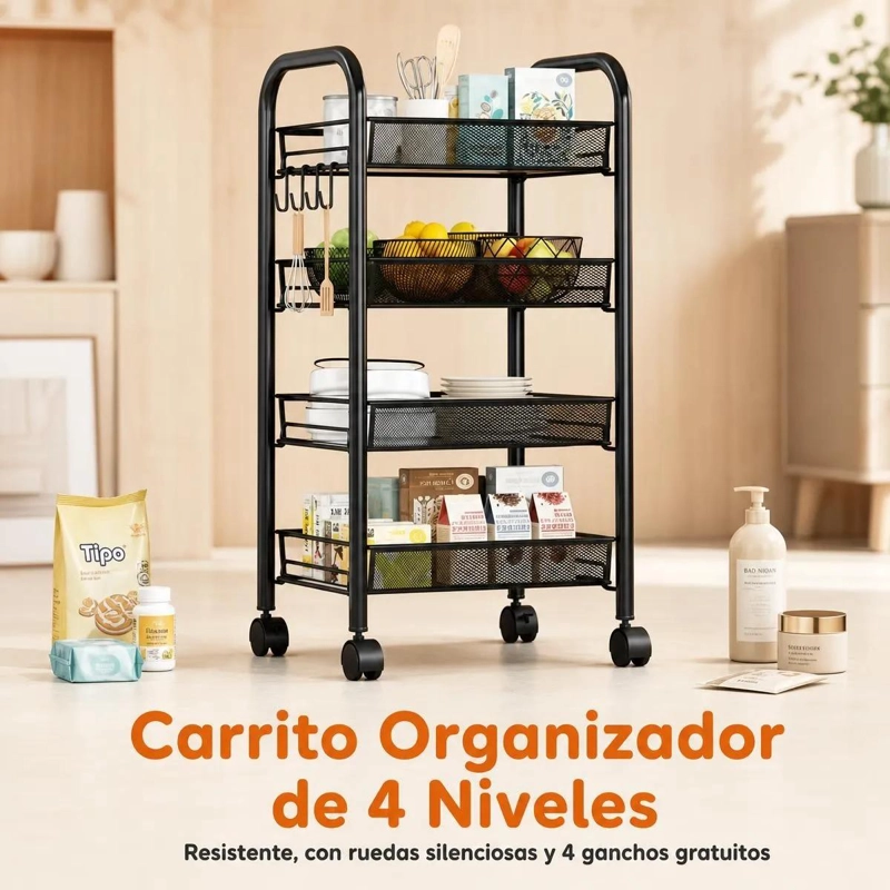 CARRO ORGANIZADOR METALICO DE 4 NIVELES CON RUEDAS PARA ALMACENAMIENTO - 5