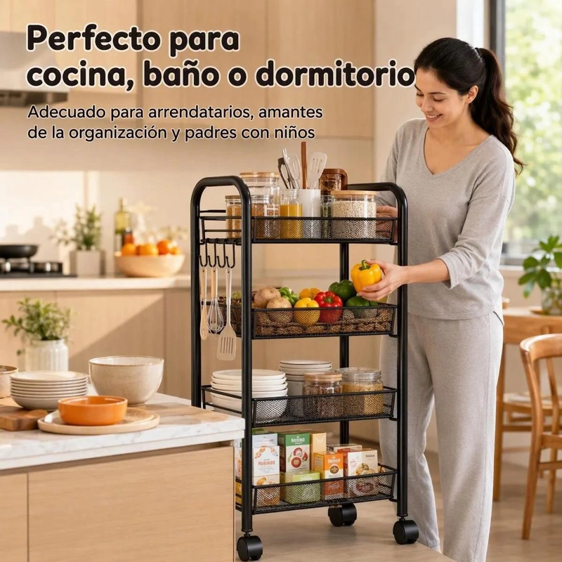 CARRO ORGANIZADOR METALICO DE 4 NIVELES CON RUEDAS PARA ALMACENAMIENTO - 6