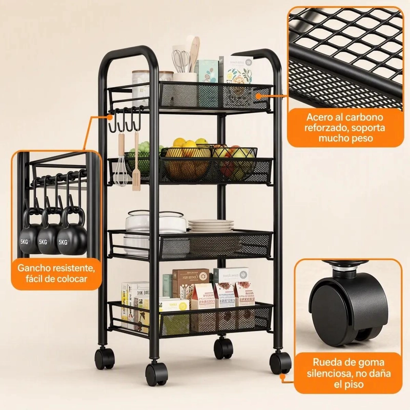 CARRO ORGANIZADOR METALICO DE 4 NIVELES CON RUEDAS PARA ALMACENAMIENTO - 8