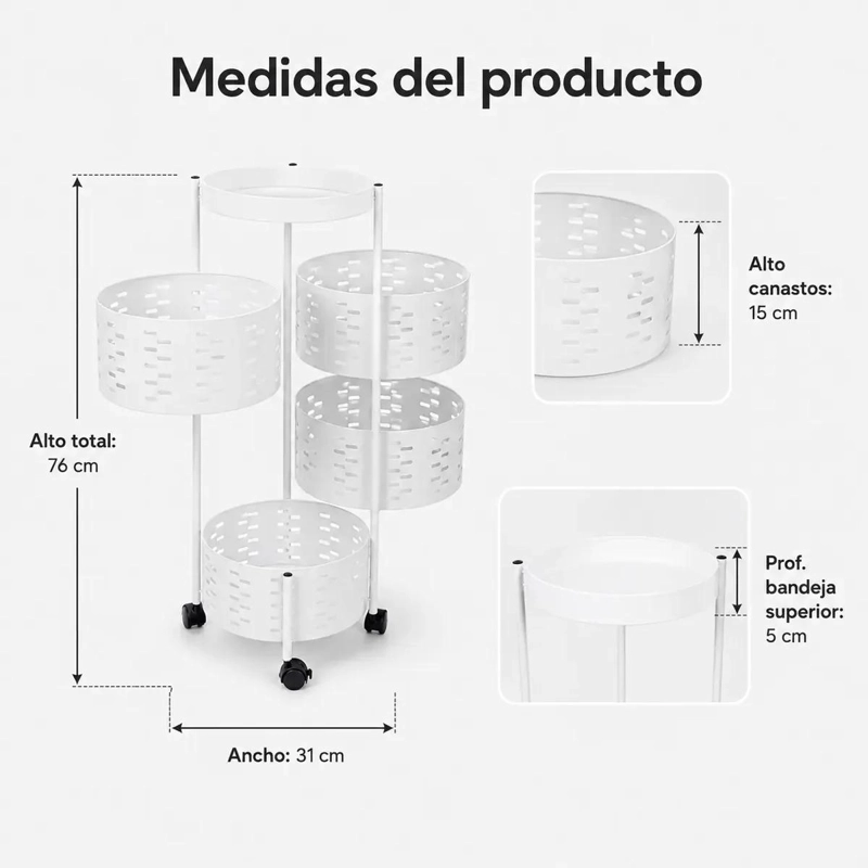 CARRITO ORGANIZADOR METALICO DE 4 NIVELES CON RUEDAS PARA ALMACENAMIENTO - 5