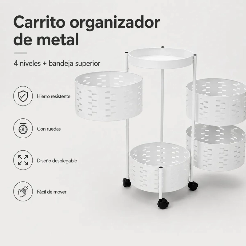 CARRITO ORGANIZADOR METALICO DE 4 NIVELES CON RUEDAS PARA ALMACENAMIENTO - 7