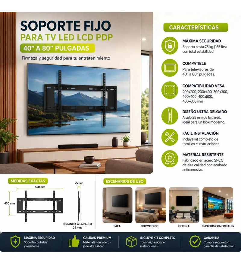 SOPORTE FIJO PARA TELEVISORES DE 40 A 80 PULGADAS - 2