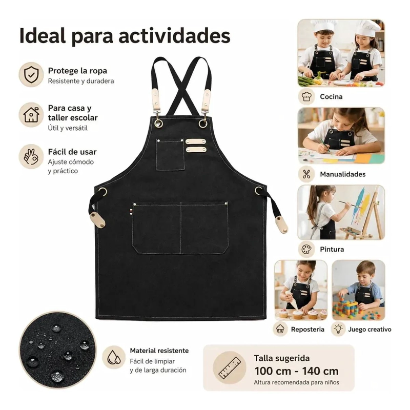 DELANTAL INFANTIL AZUL MARINO CON TIRANTES CRUZADOS Y BOLSILLOS - 5