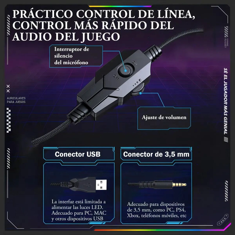 AUDIFONOS GAMER INALAMBRICOS CON MICROFONO Y LUZ RGB - 5