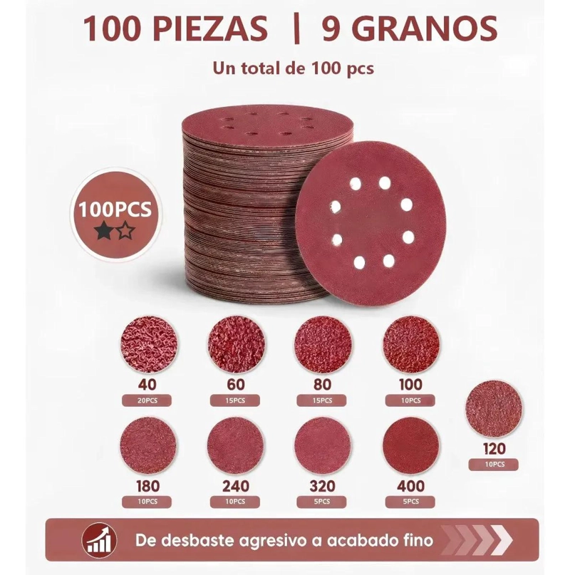 DISCOS DE LIJA VELCRO 5 PULGADAS 100 PIEZAS 8 AGUJEROS - 2