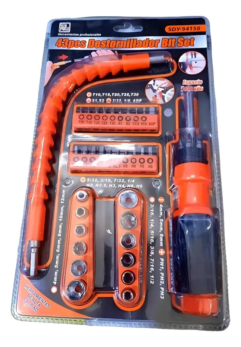 SET DE DADOS Y PUNTAS CON EXTENSION FLEXIBLE DE 43 PIEZAS - 1
