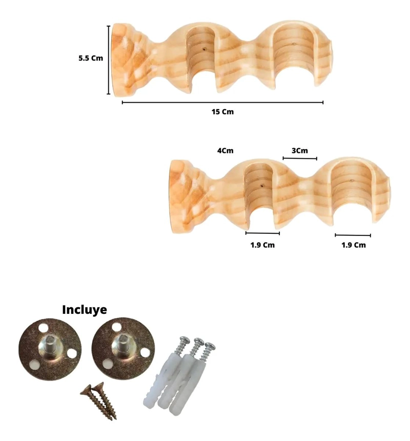 PACK 2 SOPORTES DOBLE DE MADERA NATURAL PARA CORTINAS - 3
