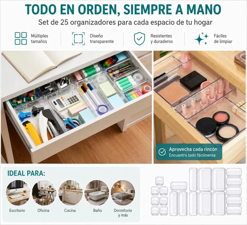 SET DE 25 ORGANIZADORES TRANSPARENTES PARA CAJONES DE COCINA Y BAÑO - 2