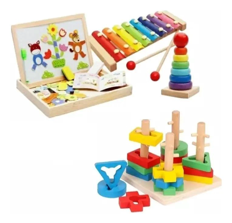 SET DE JUGUETES DIDACTICOS DE MADERA CON PIZARRA Y XILOFONO - 1