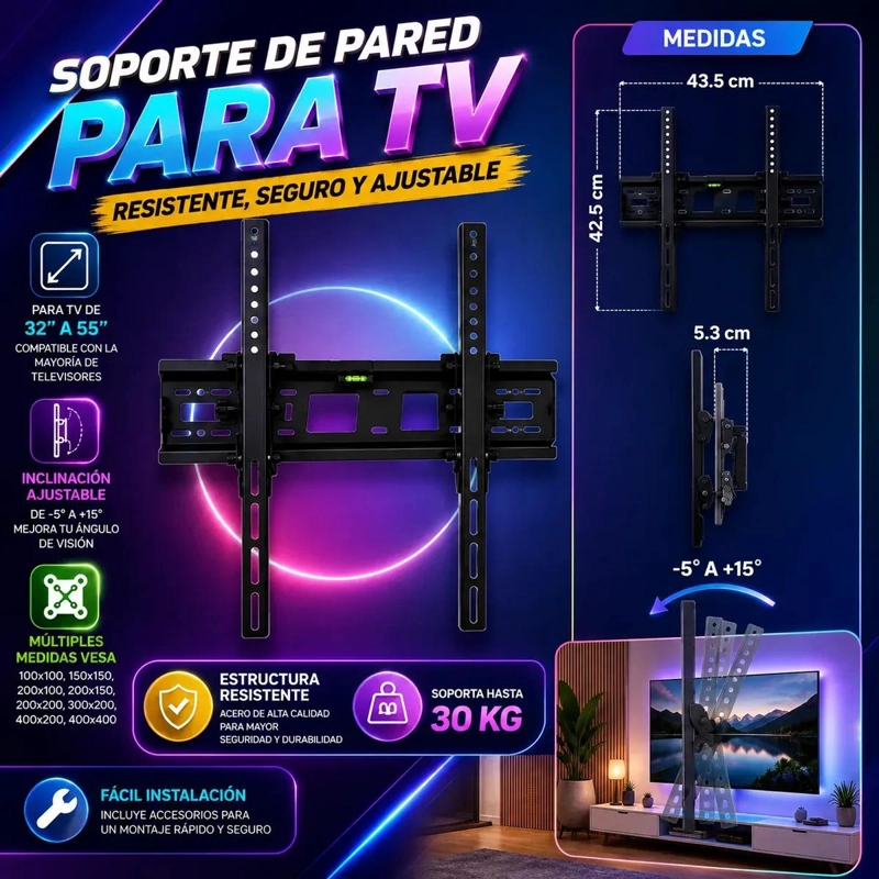 SOPORTE DE PARED INCLINABLE PARA TELEVISORES DE 32 A 55 PULGADAS - 4