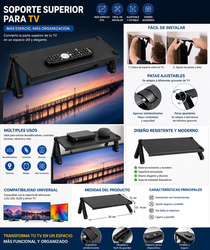 SOPORTE AJUSTABLE PARA TV CON REPISA PARA ORGANIZAR DISPOSITIVOS - 6
