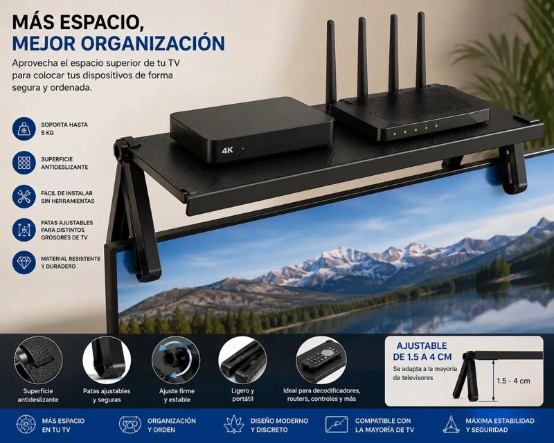 SOPORTE AJUSTABLE PARA TV CON REPISA PARA ORGANIZAR DISPOSITIVOS - 7
