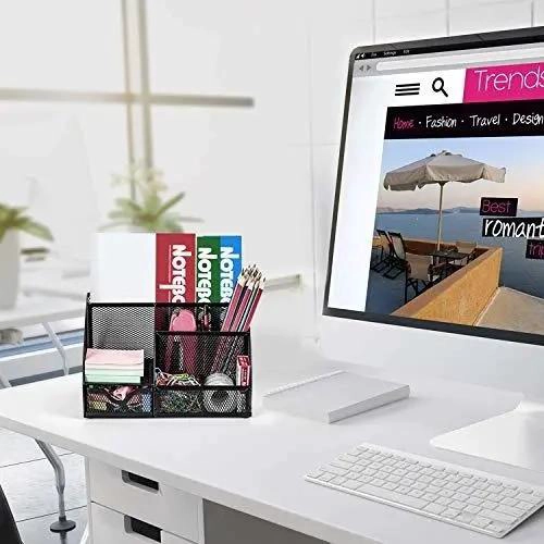 ORGANIZADOR DE ESCRITORIO NEGRO DE MALLA CON 6 COMPARTIMENTOS Y CAJON - 1