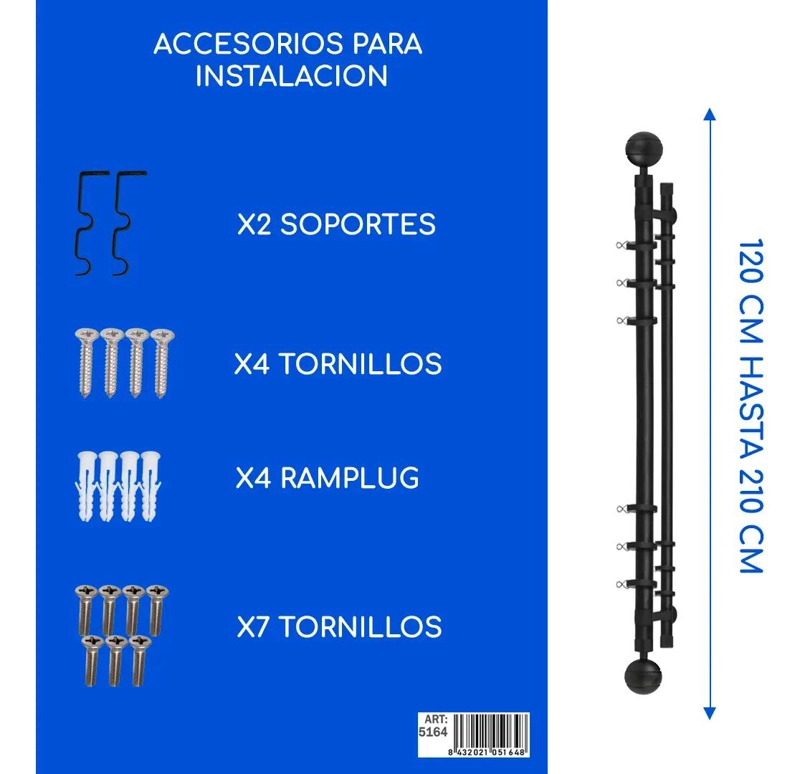 BARRA METALICA EXTENSIBLE PARA CORTINAS AJUSTABLE 120 A 210 CM COLOR NEGRO - 2