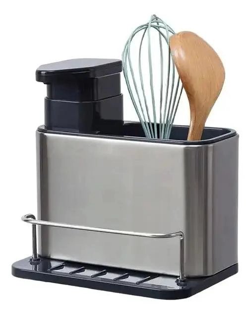 DISPENSADOR DE JABON GEL ACERO INOXIDABLE CON SOPORTE PARA ESPONJA - 1