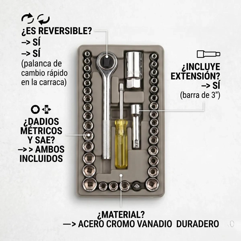 SET DE 40 PIEZAS DE DADOS Y HERRAMIENTAS MANUALES - 7