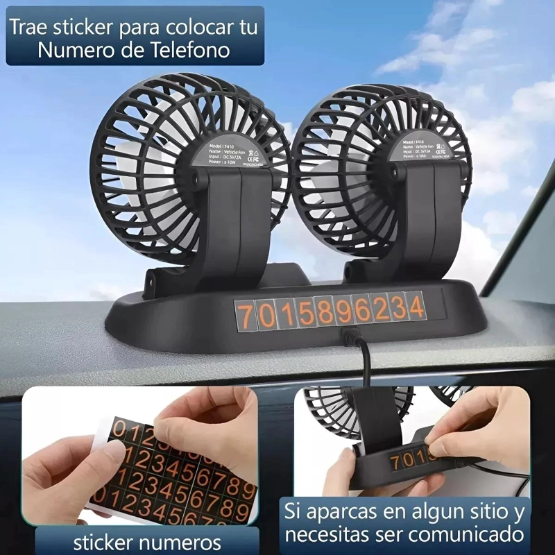 VENTILADOR USB DOBLE CABEZAL GIRATORIO 360 GRADOS PARA COCHE - 2