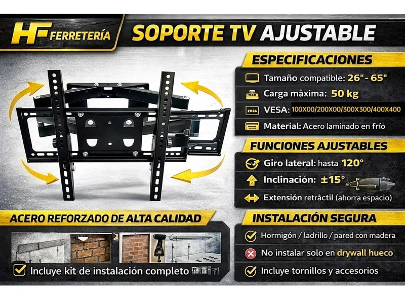 SOPORTE TV BRAZO DOBLE PLEGABLE PARA PANTALLAS DE 26 A 65 PULGADAS - 7