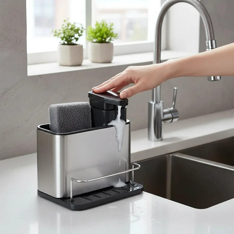DISPENSADOR DE JABON 3 EN 1 CON SOPORTE PARA ESPONJA COLOR GRIS - 2