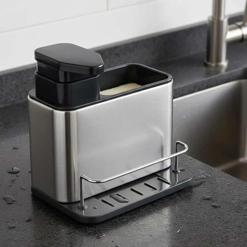 DISPENSADOR DE JABON 3 EN 1 CON SOPORTE PARA ESPONJA COLOR GRIS - 3