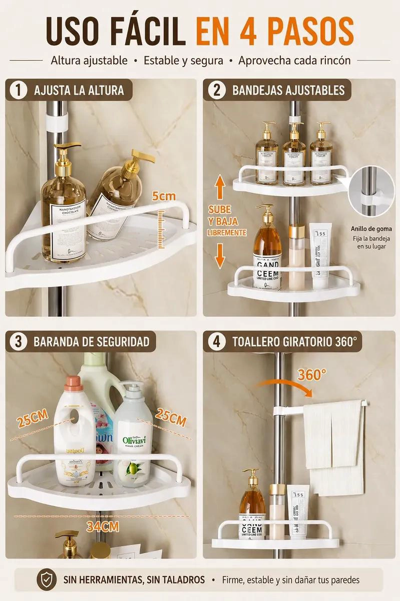 ORGANIZADOR ESQUINERO TELESCOPICO PARA BAÑO CON 4 NIVELES - 2