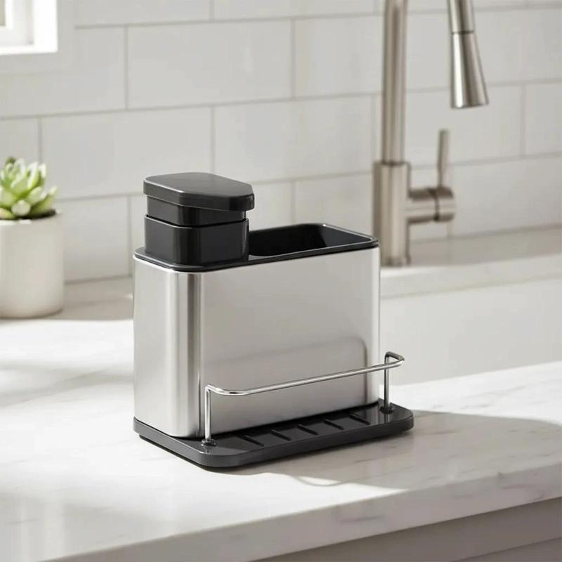 DISPENSADOR DE JABON 3 EN 1 CON SOPORTE PARA ESPONJA GRIS - 2