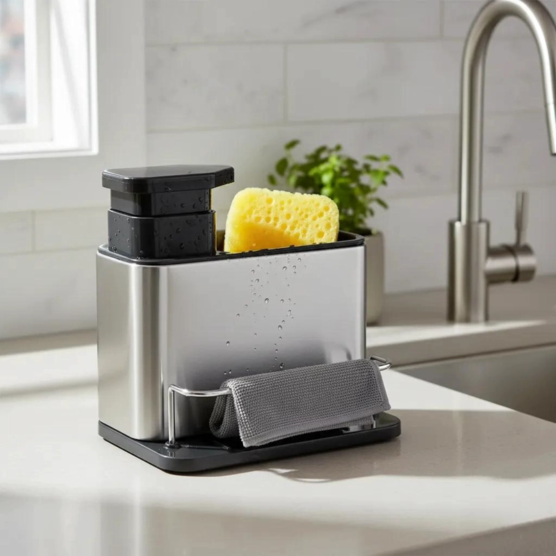 DISPENSADOR DE JABON 3 EN 1 CON SOPORTE PARA ESPONJA GRIS - 3