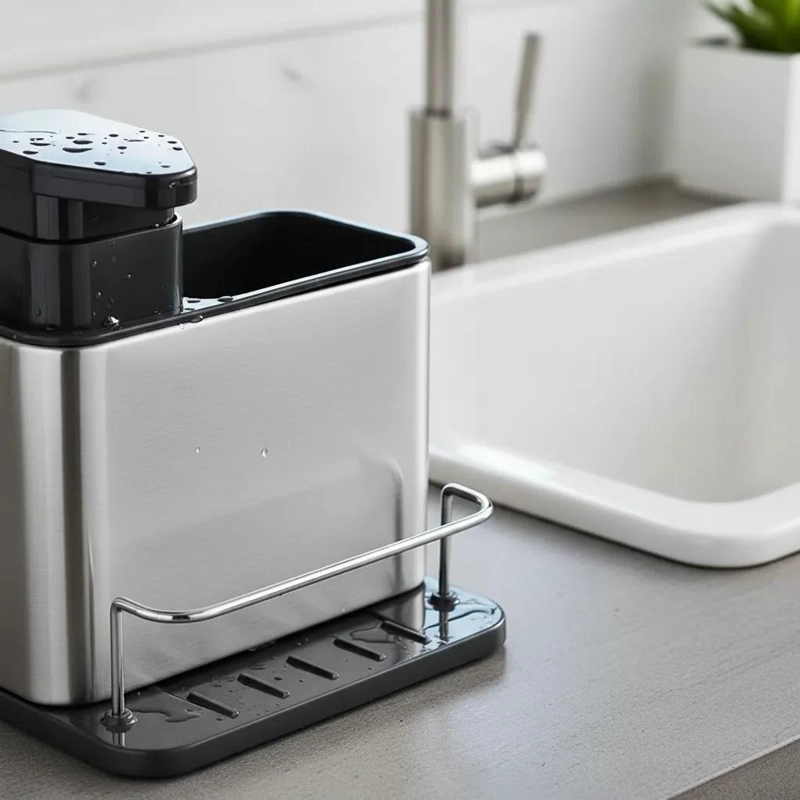 DISPENSADOR DE JABON 3 EN 1 CON SOPORTE PARA ESPONJA GRIS - 4