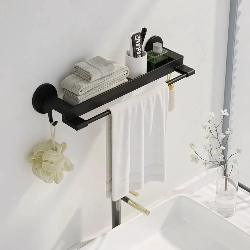 TOALLERO REPISA ORGANIZADOR DE BAÑO PARED 45CM CON GANCHOS - 1