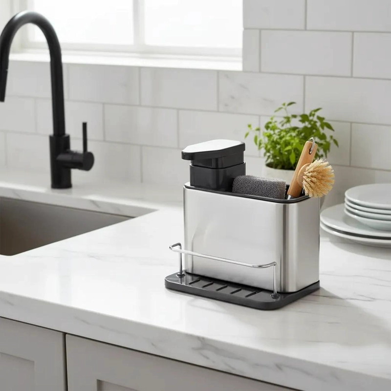 DISPENSADOR DE JABON 3 EN 1 CON SOPORTE PARA ESPONJA GRIS - 1