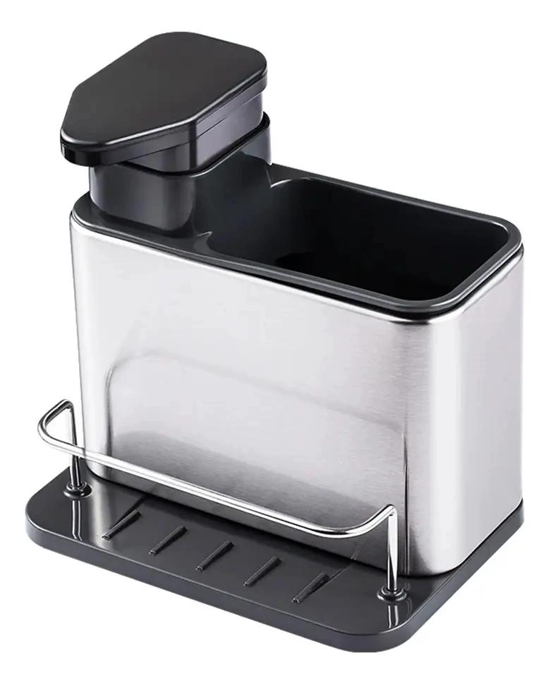 DISPENSADOR DE JABON 3 EN 1 CON SOPORTE PARA ESPONJA GRIS - 2
