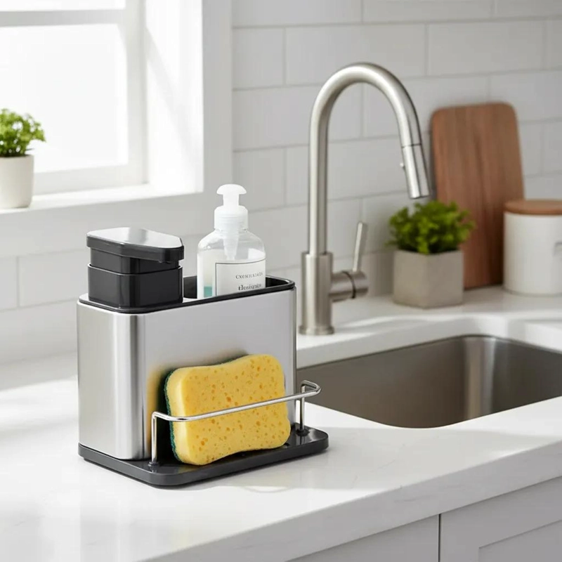 DISPENSADOR DE JABON 3 EN 1 CON SOPORTE PARA ESPONJA GRIS - 3