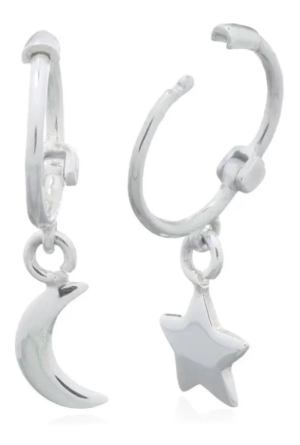 AROS HUGGIE LUNA ESTRELLA EN PLATA 925, DISEÑO MODERNO - 1