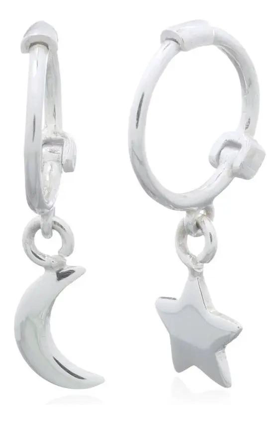 AROS HUGGIE LUNA ESTRELLA EN PLATA 925, DISEÑO MODERNO - 2