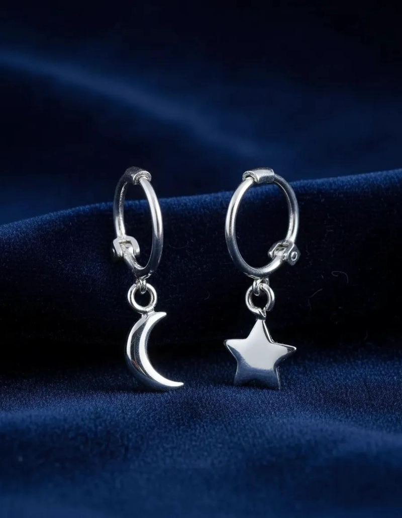 AROS HUGGIE LUNA ESTRELLA EN PLATA 925, DISEÑO MODERNO - 3