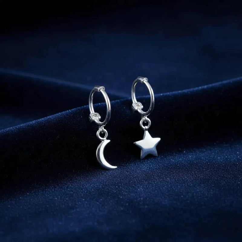 AROS HUGGIE LUNA ESTRELLA EN PLATA 925, DISEÑO MODERNO - 4