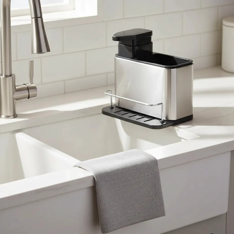 DISPENSADOR DE JABON 3 EN 1 CON SOPORTE PARA ESPONJA COLOR GRIS - 2
