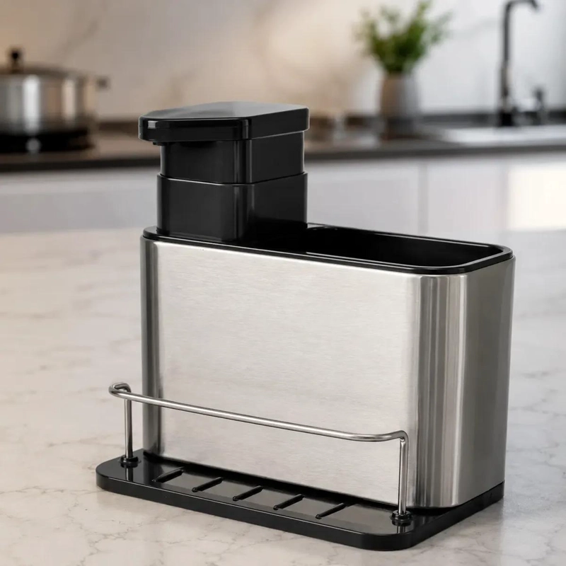 DISPENSADOR DE JABON Y ORGANIZADOR DE ESPONJAS EN ACERO INOXIDABLE - 1