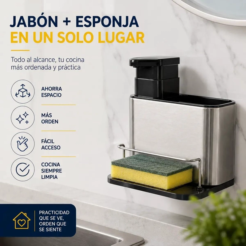 DISPENSADOR DE JABON Y ORGANIZADOR DE ESPONJAS EN ACERO INOXIDABLE - 2