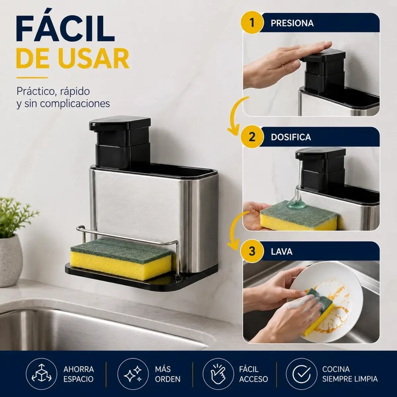 DISPENSADOR DE JABON Y ORGANIZADOR DE ESPONJAS EN ACERO INOXIDABLE - 3