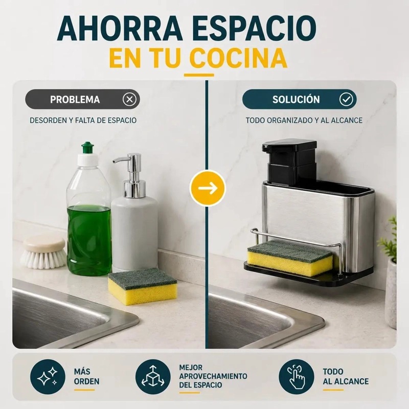 DISPENSADOR DE JABON Y ORGANIZADOR DE ESPONJAS EN ACERO INOXIDABLE - 4