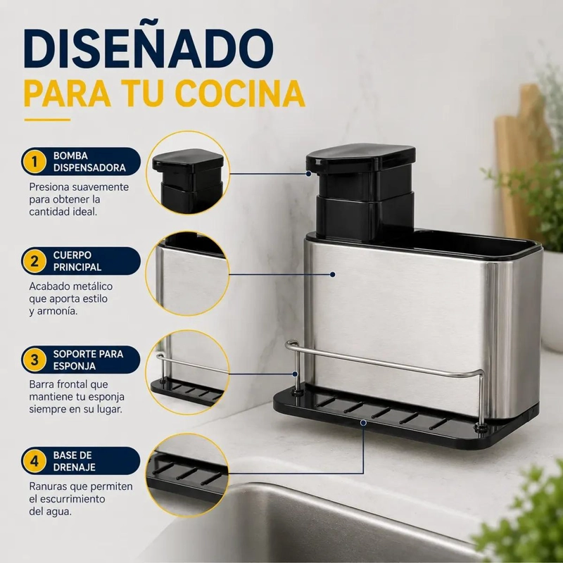 DISPENSADOR DE JABON Y ORGANIZADOR DE ESPONJAS EN ACERO INOXIDABLE - 5