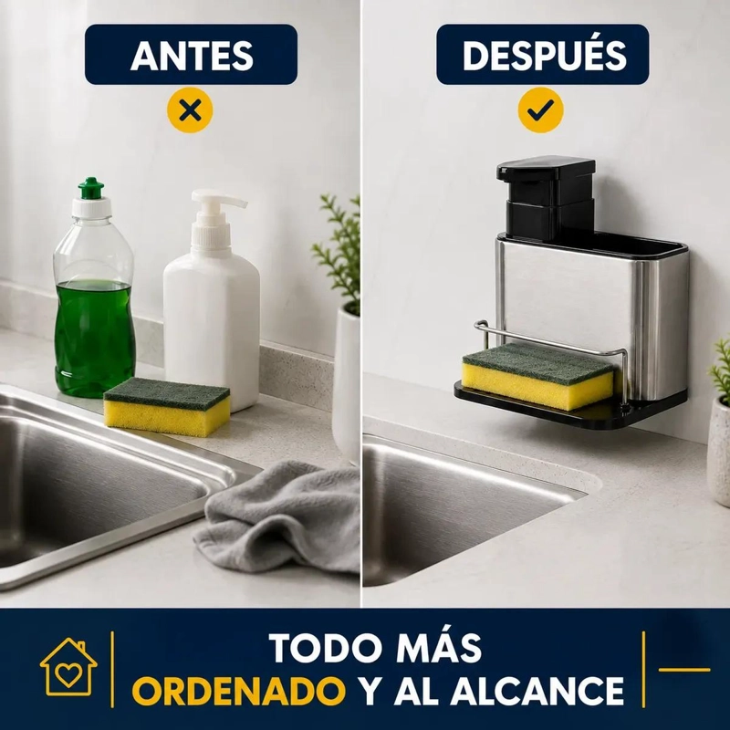 DISPENSADOR DE JABON Y ORGANIZADOR DE ESPONJAS EN ACERO INOXIDABLE - 6