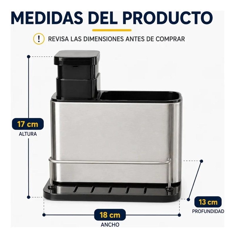 DISPENSADOR DE JABON Y ORGANIZADOR DE ESPONJAS EN ACERO INOXIDABLE - 7