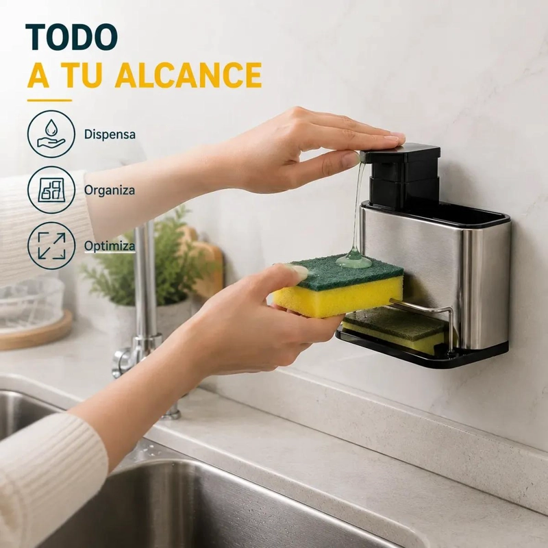 DISPENSADOR DE JABON Y ORGANIZADOR DE ESPONJAS EN ACERO INOXIDABLE - 8