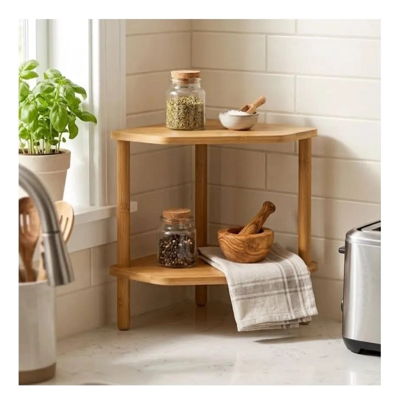 ESTANTE ESQUINERO DE BAMBU DE 2 NIVELES PARA COCINA Y BAÑO - 3