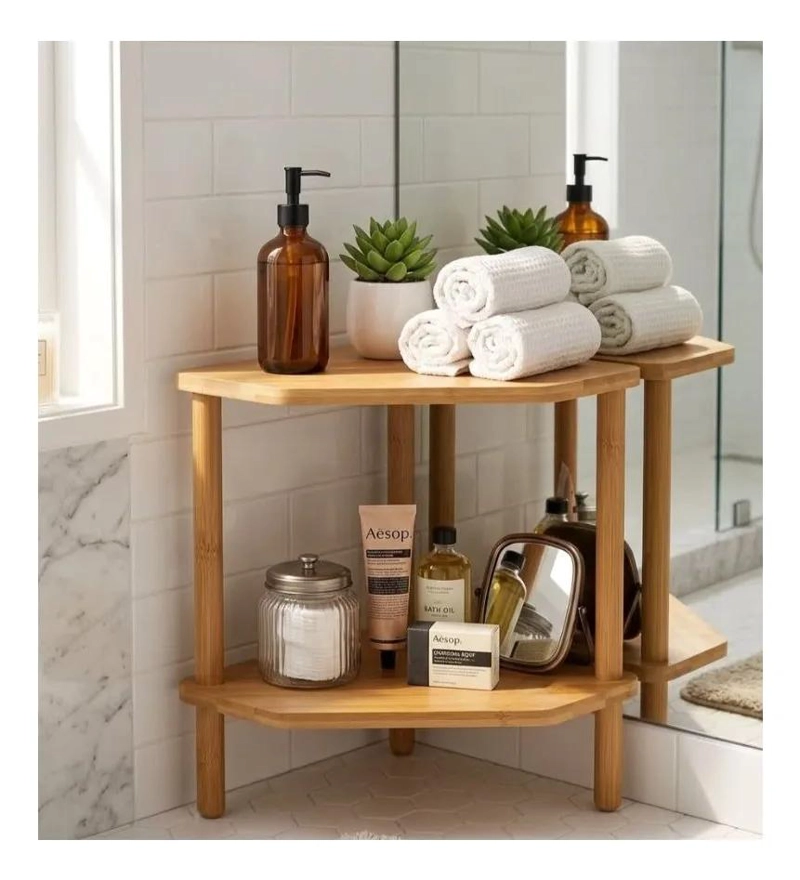 ESTANTE ESQUINERO DE BAMBU DE 2 NIVELES PARA COCINA Y BAÑO - 5