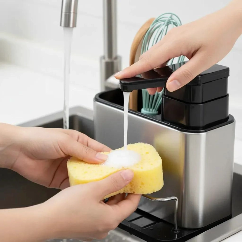 DISPENSADOR DE JABON LIQUIDO CON ORGANIZADOR Y DRENAJE - 2