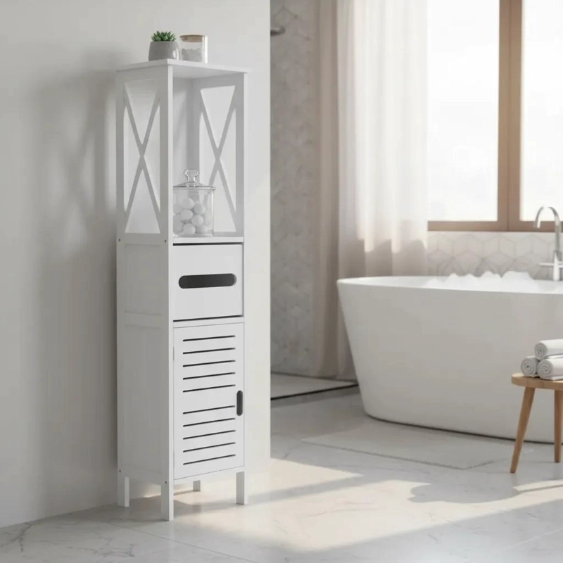 MUEBLE ORGANIZADOR BLANCO PARA BAÑO CON ESTANTE Y CAJON - 1